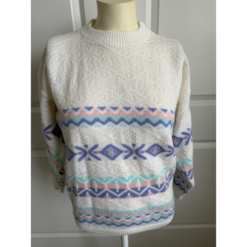 Vintage Renaissance Knitwear Pastel Fair Isle Sweater Cream Geometric USA Made